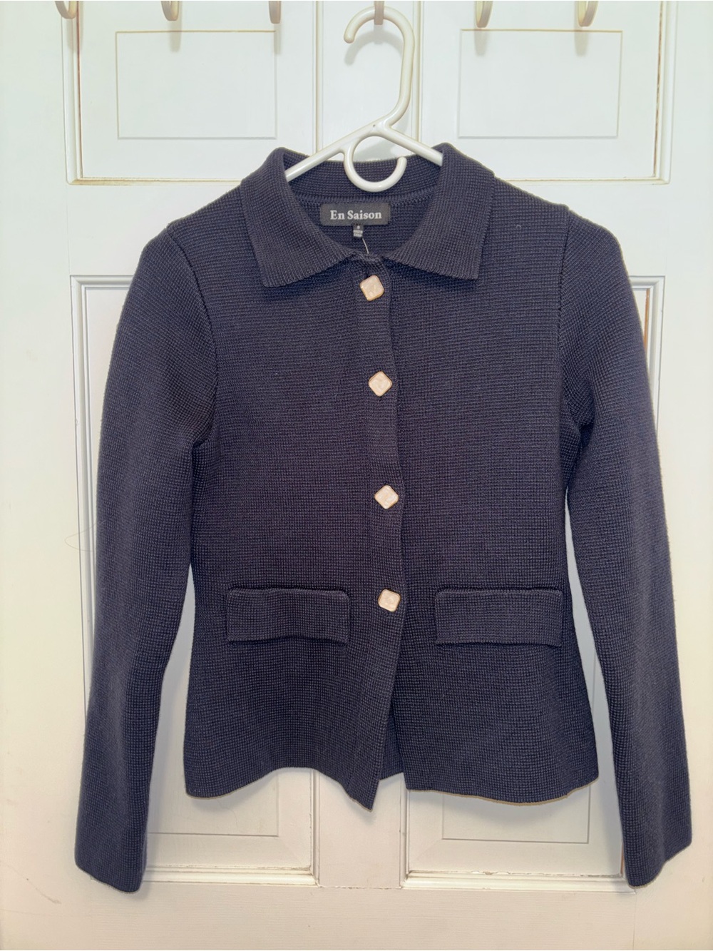 En Saison Navy Blue Knit Cardigan Jacket with Gold Trim Pearl Square Buttons